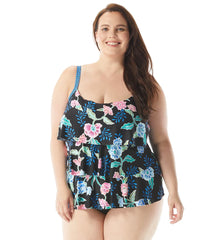 Beach House Women's Plus Size Floral Fantasy Jane Ruffle Tankini Top