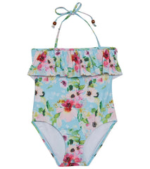 Snapper Rock Girls' Watercolor Floral Frill Halter One Piece Swimsuit (Toddler, Little Kid)