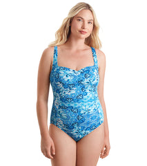 Shape Solver SPORT Women's Chlorine Resistant Spa Barcelona Blues Shirred Bodice Tank One Piece Swimsuit