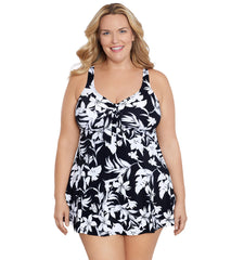 Shape Solver By Penbrooke Women's Plus Night Shade Bow Front Swim Dress