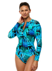 Next by Athena Women's Tahitian Garden Malibu Long Sleeve Zip One Piece Swimsuit