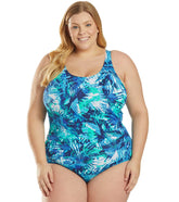 Sporti Plus Size HydroLast Aquarelle Palm Chlorine Resistant Conservative Scoop Back One Piece Swimsuit