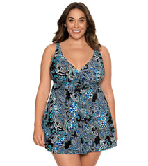 Penbrooke Women's Plus Size Paisley Punch Empire Banded Swim Dress