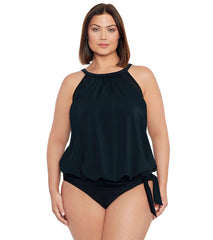 Shape Solver By Penbrooke Women's Plus Size Meshed Up High Neck Blouson Tankini Top