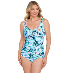 Shape Solver By Penbrooke Women's Graphic Garden Shirred Front Girl Leg Once Piece Swimsuit