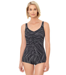 Penbrooke Women's Chlorine Resistant Tidal Wave Shirred Girl Leg One Piece Swimsuit