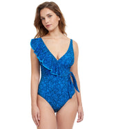 Profile by Gottex Women's Mehndi Tie Side Surplice with Ruffle One Piece Swimsuit