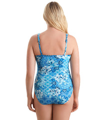 Shape Solver SPORT Women's Chlorine Resistant Spa Barcelona Blues Shirred Bodice Tank One Piece Swimsuit