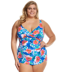 Penbrooke Plus Size Garden Beauty Cross Over Sarong One Piece Swimsuit