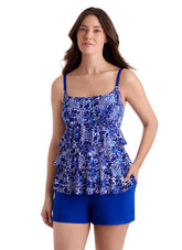 Longitude Women's Long Torso Floral City Ruffle Faux Shortini One Piece Swimsuit