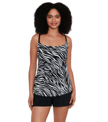 Longitude Women's Animal Instinct Ruffle Faux Shortini Long Torso One Piece Swimsuit
