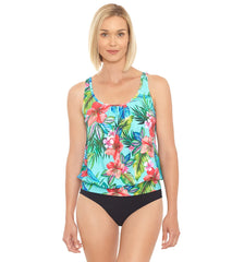 Penbrooke Women's Taste of Tropic Shirred Neck Blouson Tankini Top