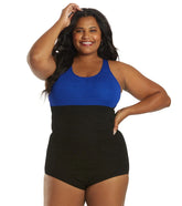 Sporti Plus Size Textured Chlorine Resistant High Neck Colorblock One Piece Slimsuit