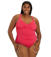Penbrooke Krinkle Women's Plus Size Chlorine Resistant Twist Front Long Torso One Piece Swimsuit