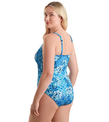 Shape Solver SPORT Women's Chlorine Resistant Spa Barcelona Blues Shirred Bodice Tank One Piece Swimsuit