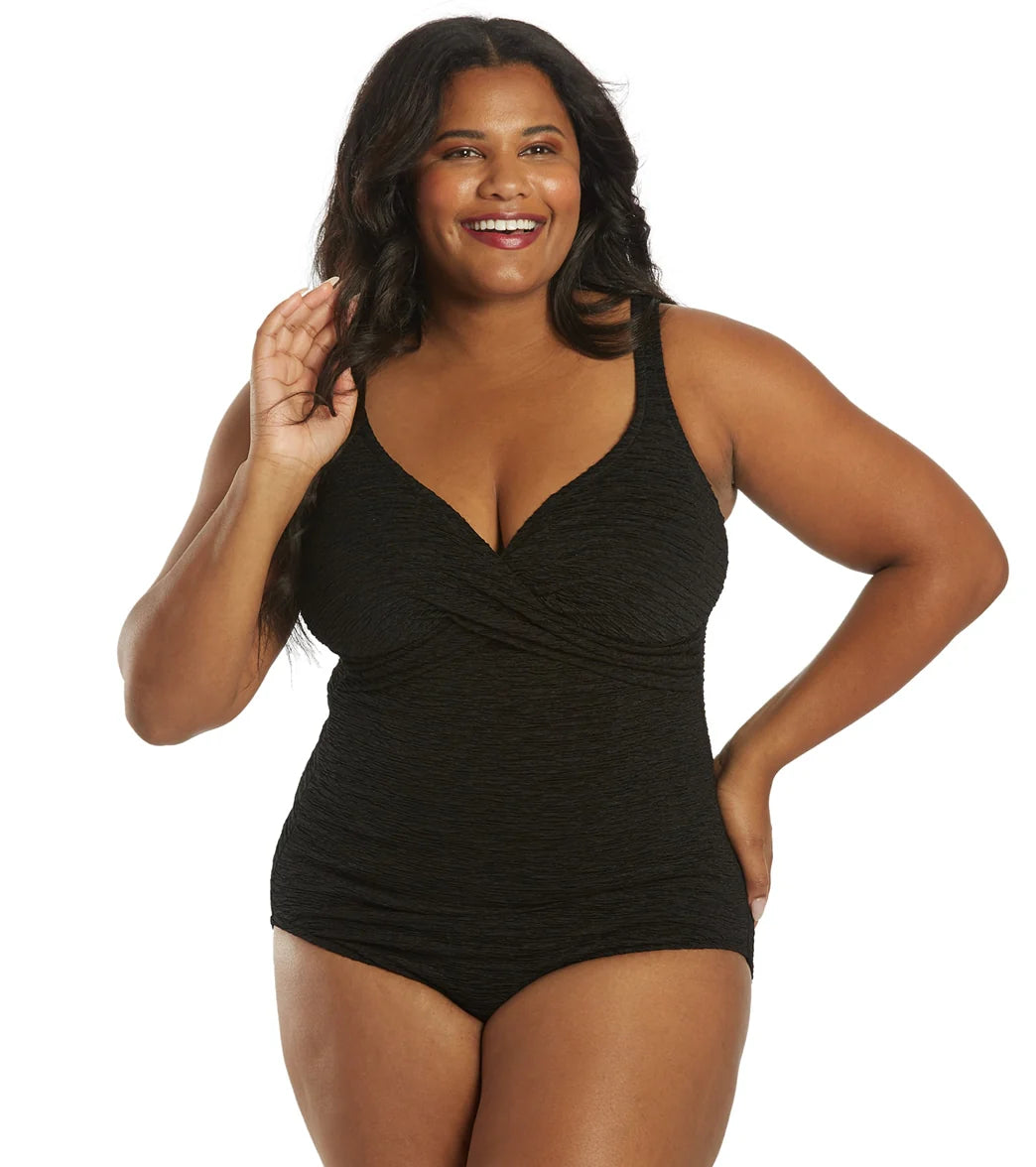 Penbrooke Krinkle Women's Plus Size Chlorine Resistant  Twist Front  Long Torso One Piece Swimsuit