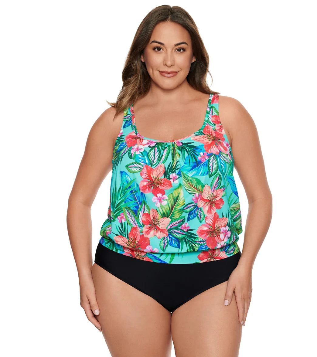 Penbrooke Women's Plus Size Taste of Tropic Shirred Neck Blouson Tankini Top