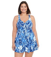 Shape Solver By Penbrooke Women's Plus Size In My Blues Bow Front Swim Dress