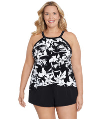 Shape Solver By Penbrooke Women's  Plus Night Shade High Neck Tankini Top