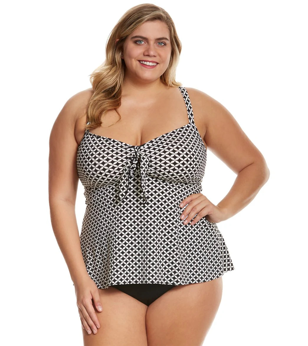 Penbrooke Plus Size Center Spot Bow Front Tankini Top