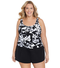 Shape Solver By Penbrooke Women's Plus  Night Shade Shirred Neck Blouson Tankini Top