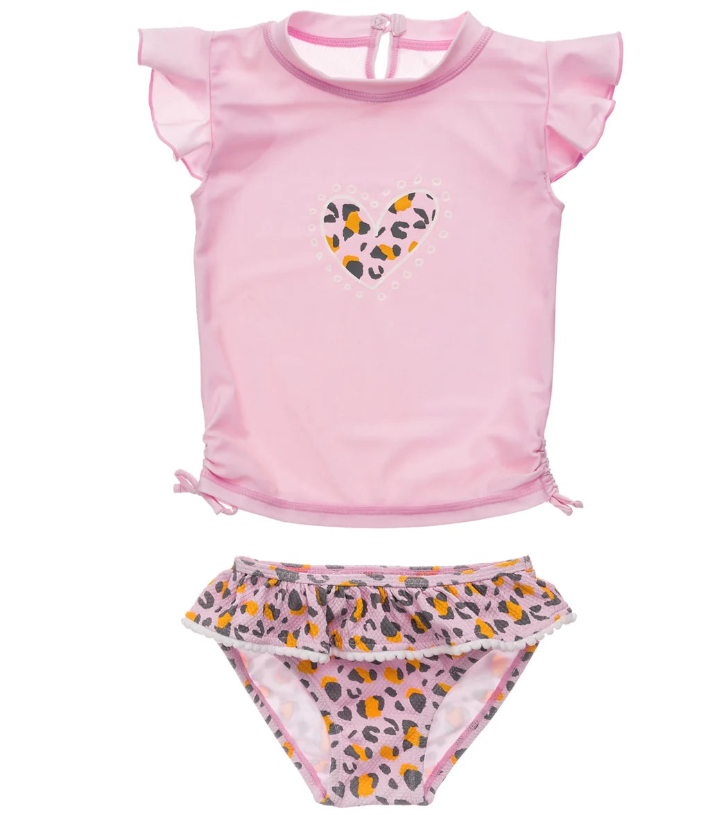 Snapper Rock Girls' Leopard Love Short Sleeve Two Piece Ruffle Rash Guard Set (Baby, Toddler)
