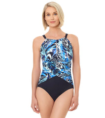 Penbrooke Women's Blue Motion Drapped Hi Neck  One Piece Swimsuit