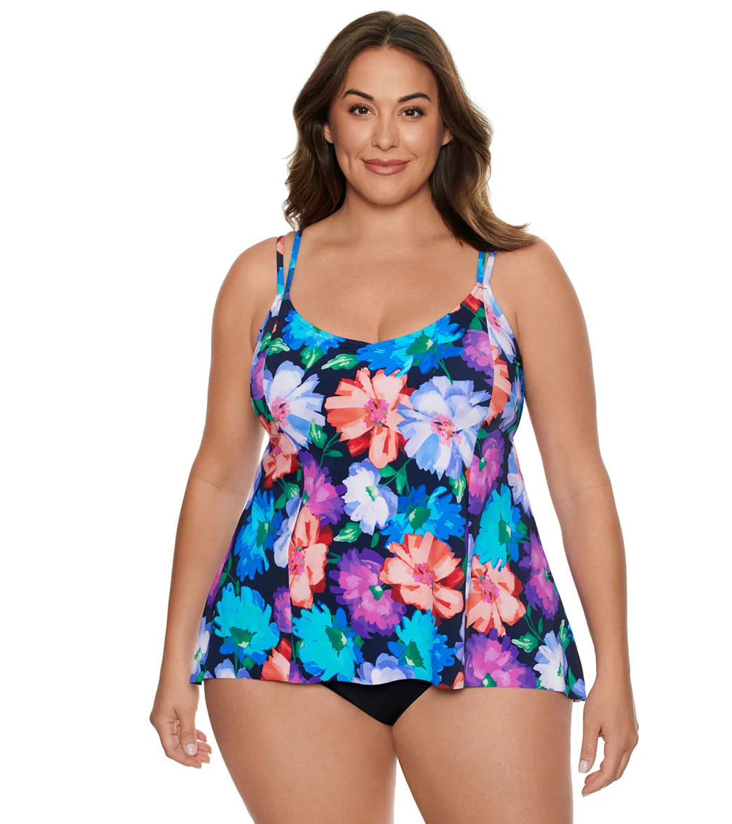 Penbrooke Women's Plus Size Garden Variety Princess Seam Hi Lo Tankini Top