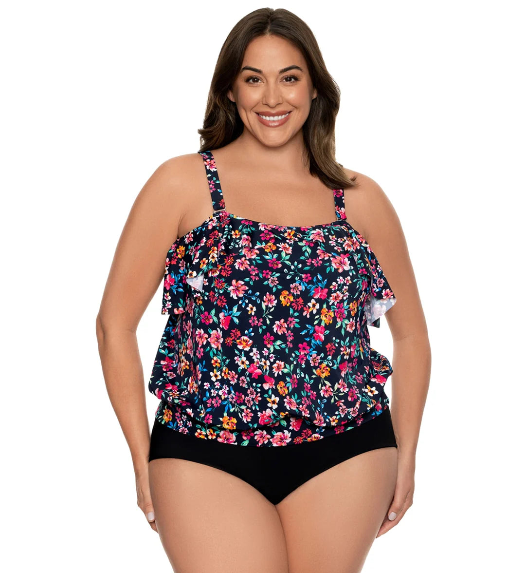 Penbrooke Women's Plus Size Sweetest Escape Bandeau Split Ruffle Blouson Tankini Top