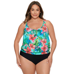 Penbrooke Women's Plus Size Taste of Tropic Shirred Neck Blouson Tankini Top