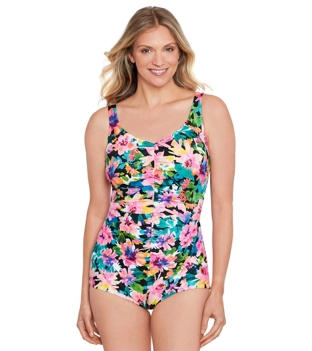 Shape Solver By Penbrooke Women's Glowing Pains Spa Chlorine Resistant Shirred Girl Leg One Piece Swimsuit