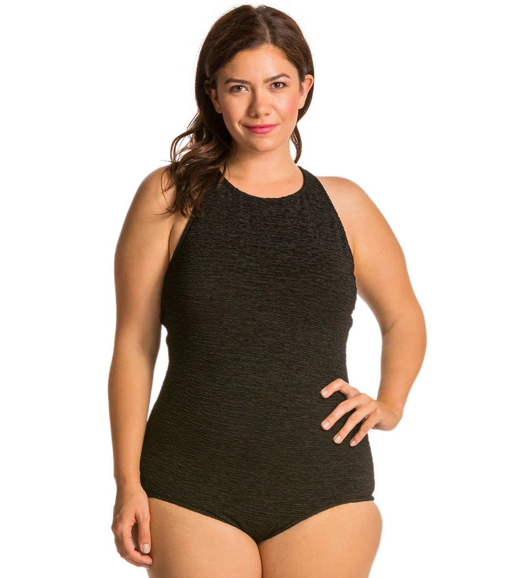 Penbrooke Krinkle Plus Size Chlorine Resistant High Neck One Piece Swimsuit