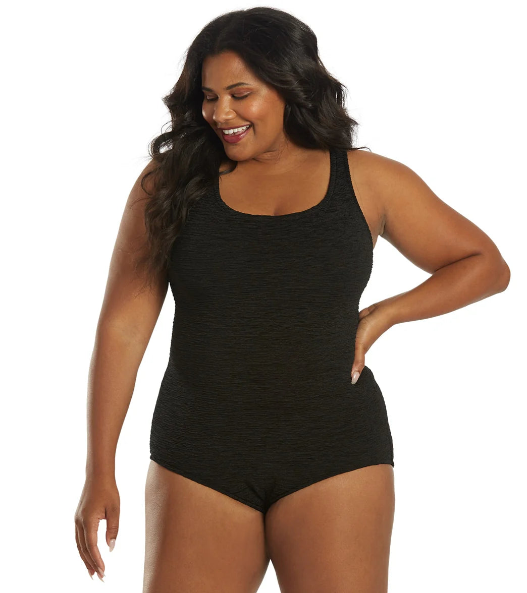 Penbrooke Krinkle Women's Plus Size Chlorine Resistant Cross Back Long Torso One Piece Swimsuit