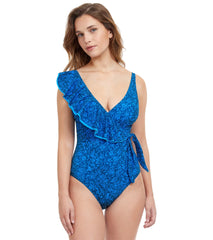 Profile by Gottex Women's Mehndi Tie Side Surplice with Ruffle One Piece Swimsuit