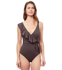 Profile by Gottex Women's Tutti Frutti One Shoulder Ruffle Tie Knot Surplice One Piece Swimsuit