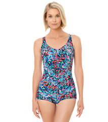 Penbrooke Women's Chlorine Resistant Painted Dot Shirred Girl Leg One Piece Swimsuit