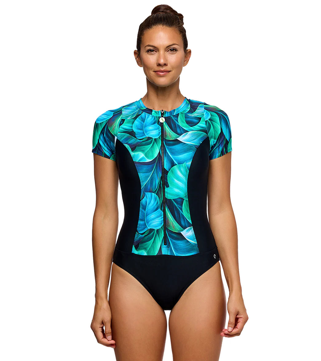 Next by Athena Women's Malibu Curacao Palms Zip Short Sleeve One Piece Swimsuit
