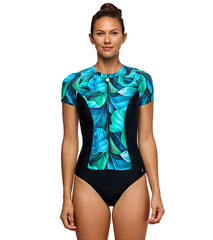 Next by Athena Women's Malibu Curacao Palms Zip Short Sleeve One Piece Swimsuit