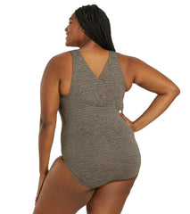 Penbrooke Krinkle Women's Plus Size Chlorine Resistant Cross Back Long Torso One Piece Swimsuit