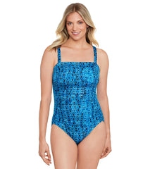 Shape Solver By Penbrooke Women's Blue Diamonds Spa Chlorine Resistant Shirred Front Panel One Piece Swimsuit