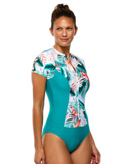 Next by Athena Women's Native Fawna Malibu Short Sleeve Zip One Piece Swimsuit