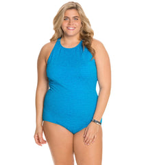 Penbrooke Krinkle Plus Size Chlorine Resistant High Neck One Piece Swimsuit