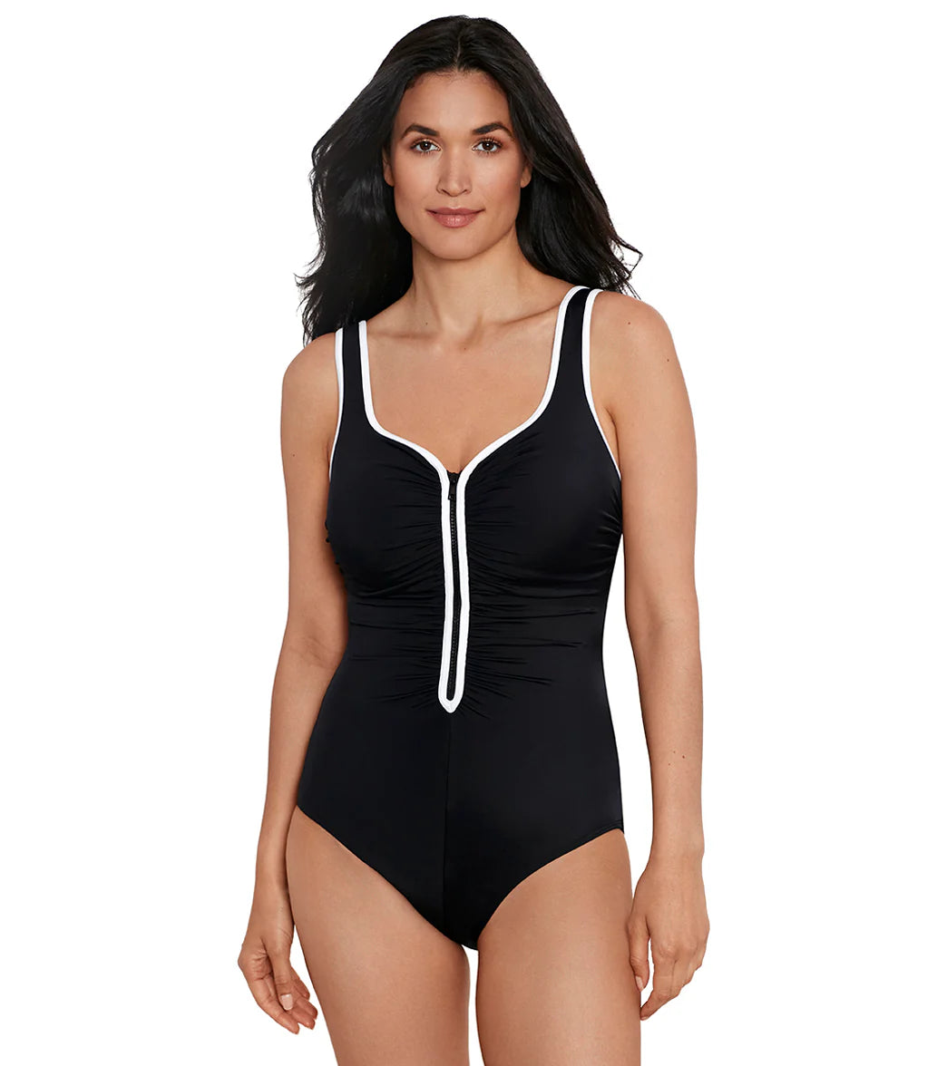 Shape Solver SPORT Women's Color Coated Shirred Zipper Tank One Piece Swimsuit