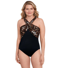 Longitude Women's Catcall Crossover Draped Tank Long Torso One Piece Swimsuit