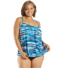 Penbrooke Women's Plus Size Ocean Stripe Pleated Tankini Top