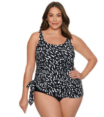 Penbrooke Women's Plus Size Jungle Dot Bow Side Faukini One Piece Swimsuit