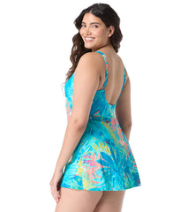 Roxanne Women's Chlorine Resistant Bra Sized Paradise Palm V Neck Swim Dress (C/D/DD Cup)