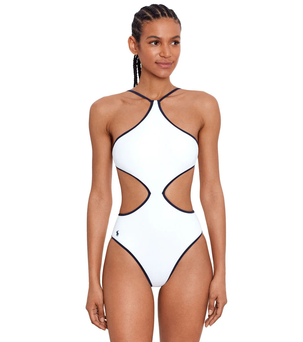 Polo Ralph Lauren Women's Tipped Solids High Neck One Piece Swimsuit