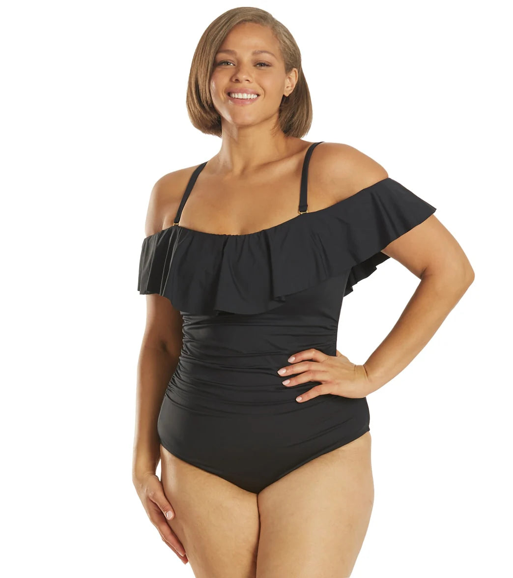La Blanca Plus Size Island Goddess Off Shoulder Ruffle One Piece Swimsuit