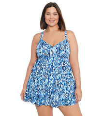 Shape Solver By Penbrooke Women's Plus Size Ikat's Meow Triple Tier Swim Dress